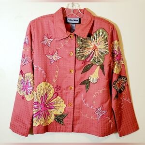 Vintage Indigo Moon Embroidered Floral Sequined Button Down Jacket Size XS